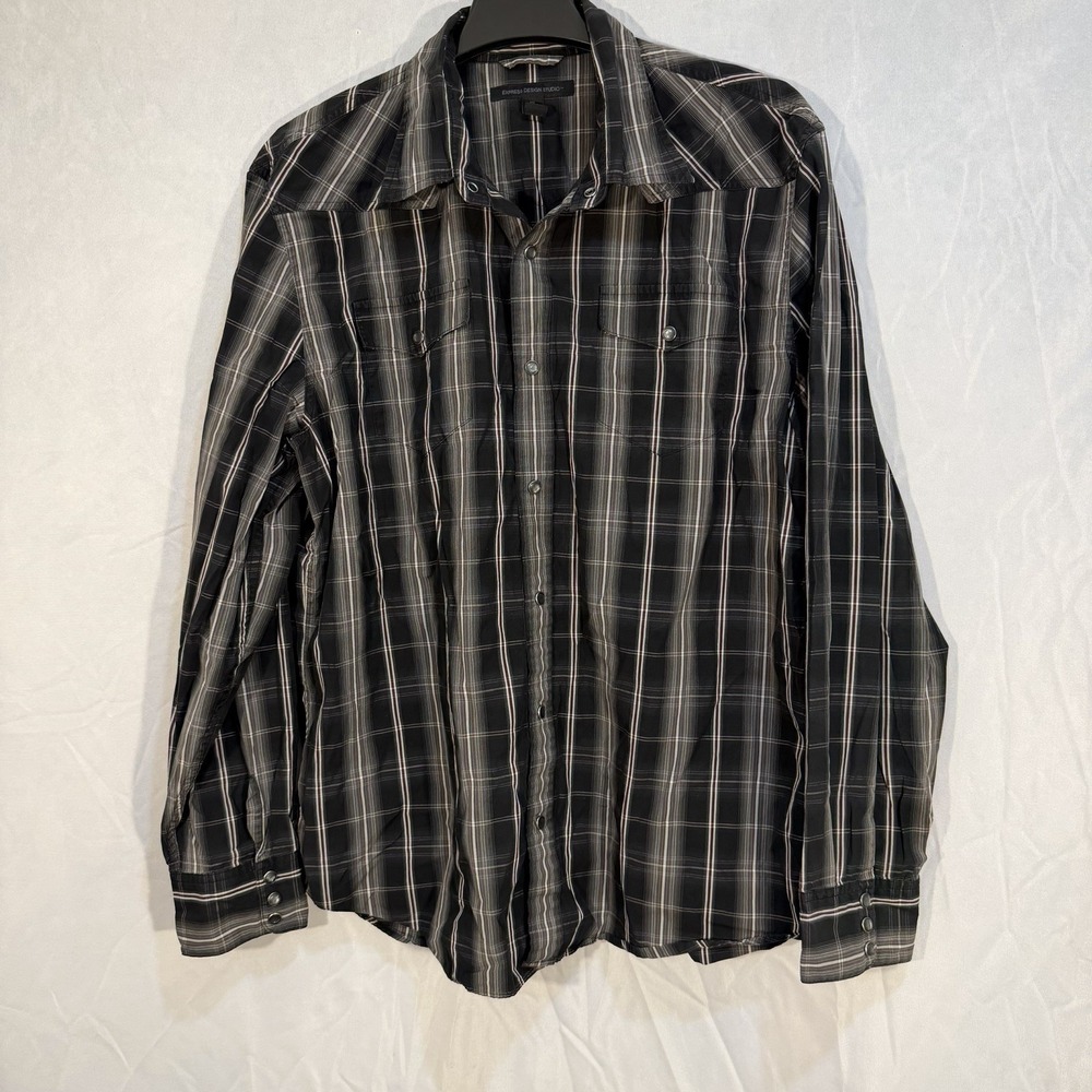 express design studio Western Plaid Window Pane Pearl Snap Long Sleeve Fits L